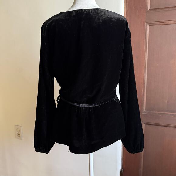 J.CREW | Black Velvet Faux Wrap Tie Waist V Neck Top Blouson Sleeves | Size 8 - Picture 2 of 8